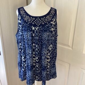 French Laundry Navy & Cream Sleeveless Embellished Blouse Sz 18/20
